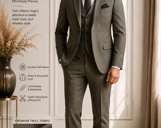 Custom Twill Suit for Men, Virgo Zodiac Style, Bespoke Menswear (Groom Wedding Outfit)