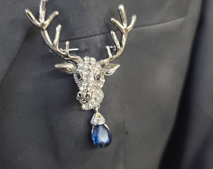 Blue Deer Brooch – Crystal Lapel Pin, Groom Wedding Jewelry