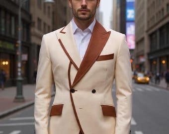 Cream Blazer Men with Brown Lapels | Custom Tailored Wedding Suit