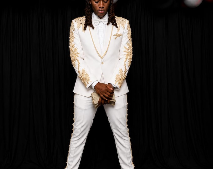 White Gold Rhinestone Prom Suit | Luxury Embellished Wedding Tuxedo Set