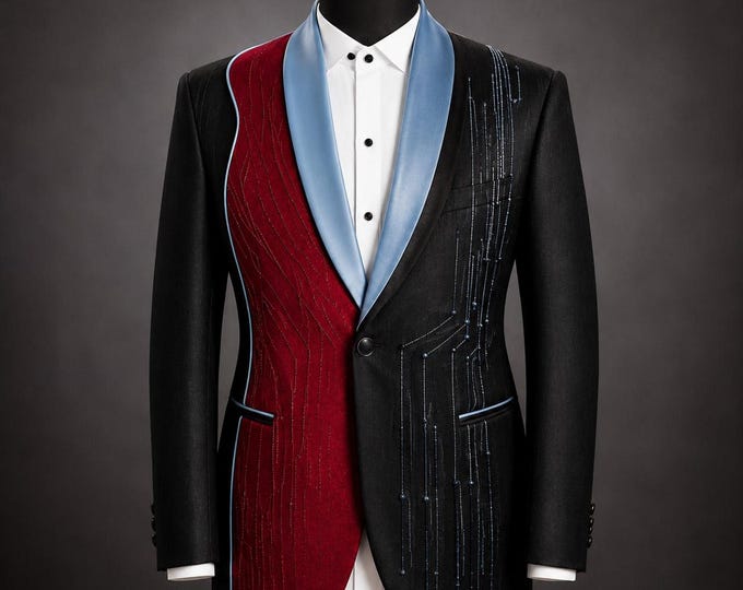 Custom Tuxedo Jacket, Color-Blocked Design, Light Blue Shawl Lapel, From Daughter's Sketch