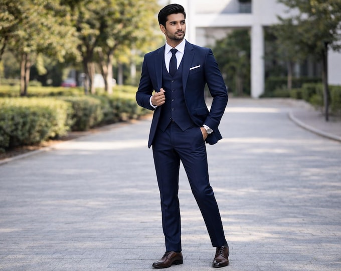 Navy Blue Three Piece Suit, Men's Wedding Groom Tailored Fit Formal Wear