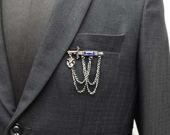 Accessory Designer Sword & Anchor Lapel Pin | Blue Gemstone Chain Brooch