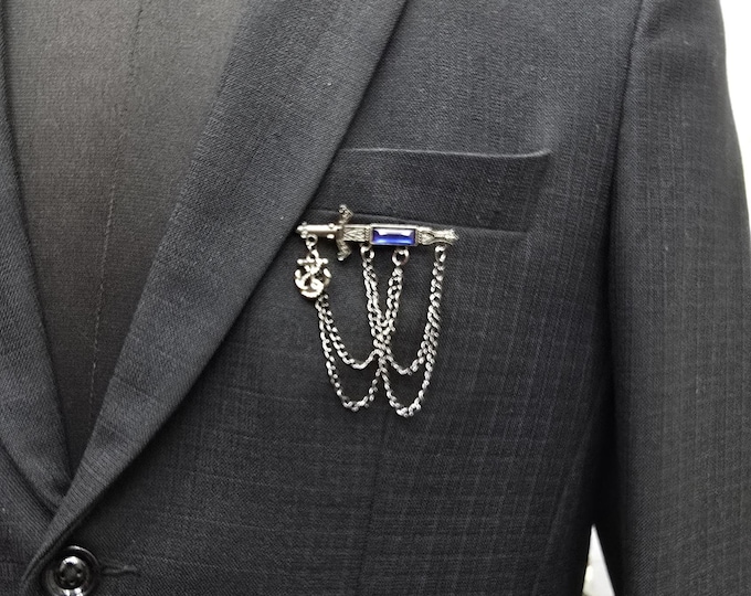 Sword & Anchor Lapel Pin | Blue Gemstone Chain Brooch