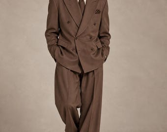 Oversized Brown Suit, Custom Double Breasted , 70s Inspired Mens Wear, Wide Leg Trousers