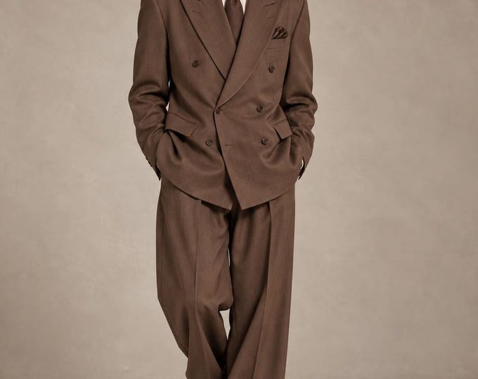 Oversized Brown Suit, Custom Double Breasted , 70s Inspired Mens Wear, Wide Leg Trousers