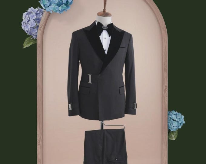 Grey Double-Breasted Suit: Slim Fit Formal Party with Bow Tie Paridhan Tailors