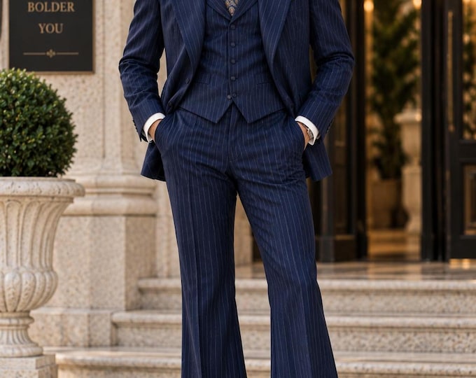 70s Navy Pinstripe Tuxedo, Wide Peak Lapel, Flared Trousers (Custom Tailored)