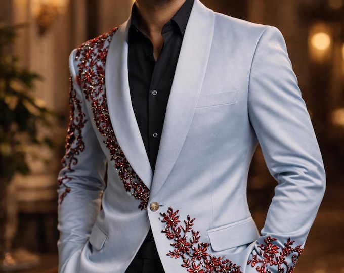 Ice Blue Embroidered Blazer, Luxury Floral Shawl Lapel Suit, Groom Reception Outfit