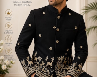 Black Gold Jodhpuri Suit for Men, Embroidered Wedding Royal Bandhgala Jacket & Trouser Set