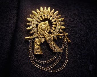 Handcrafted Krishna Brooch, Antique Gold Lapel Pin, Indian Wedding Accessory, Groom Ethnic Blazer