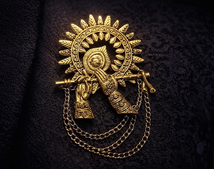 Handcrafted Krishna Brooch, Antique Gold Lapel Pin, Indian Wedding Accessory, Groom Ethnic Blazer