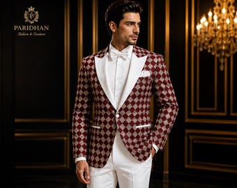 Dark Red Diamond Check Tuxedo | White Lapel Wedding & Prom Suit