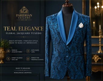 Deep Teal Floral Jacquard Tuxedo Jacket | Men's Custom Wedding Shawl Lapel Blazer