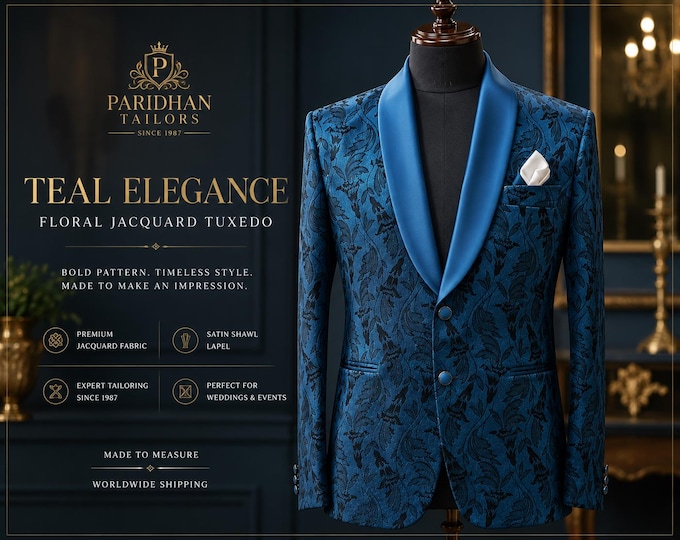 Deep Teal Floral Jacquard Tuxedo Jacket | Men's Custom Wedding Shawl Lapel Blazer
