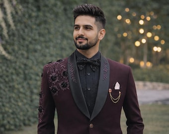 Maroon Suit with Black Floral Embroidery: Handcrafted Groom Wedding Formalwear Paridhan Tailors