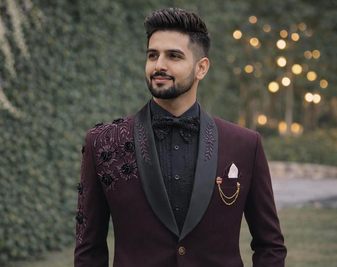 Maroon Suit with Black Floral Embroidery: Handcrafted Groom Wedding Formalwear Paridhan Tailors