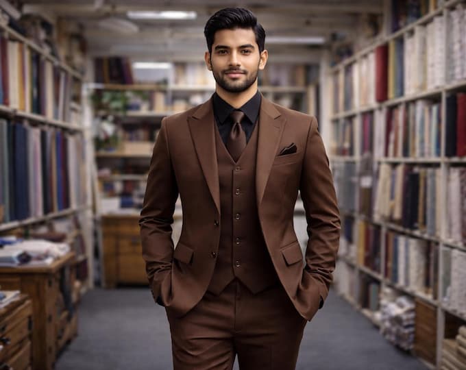 Brown 3 Piece Personalized Groom Suit – Made to Measure Paridhan Tailors