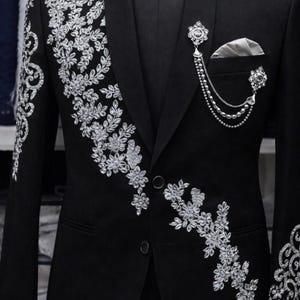Black Two-Button Suit with Silver Embroidery | Custom Prom Tuxedo Jacket