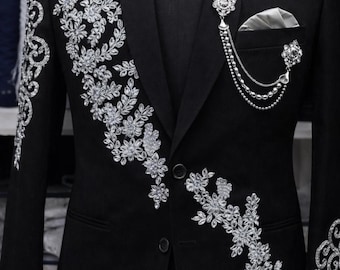 Black Two-Button Suit with Silver Embroidery | Custom Prom and Wedding Tuxedo