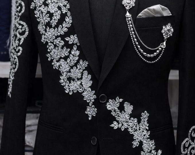 Black Two-Button Suit with Silver Embroidery | Custom Prom and Wedding Tuxedo