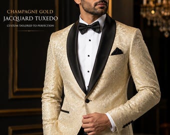 Champagne Gold Jacquard Tuxedo | Custom Wedding Suit, Groom, Prom Outfit
