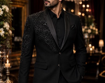 Black Floral Embroidered Shawl Lapel Blazer – Indo Western Men's Tuxedo Jacket