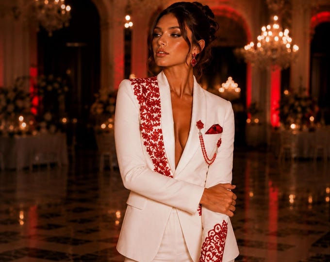 White Pantsuit Prom Embroidered Tuxedo, Custom Wear Galas, Tailored Bridal Reception Look