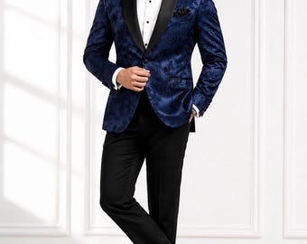 Navy Tuxedo Men, Floral Jacquard, Black Satin Shawl Lapel, Custom Made Suit