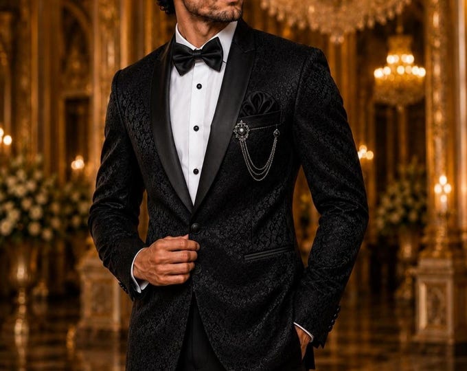 Custom Aries Jacquard Tuxedo Jacket, Floral Groom Suit, Luxury Formal Wear