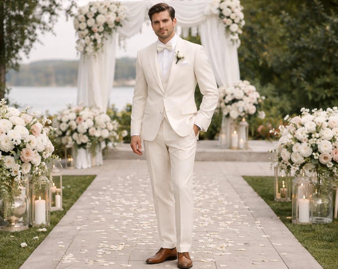 Ivory Groom Suit for Men, Wedding , Modern Groomsmen Tailored Fit, Tuxedo Style, Prom Suit
