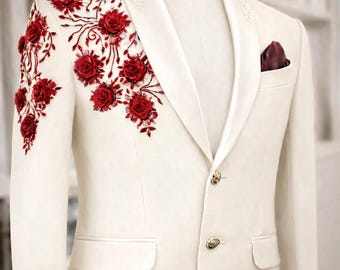 Ivory Groom Jacket, Hand Embroidered Red Floral Tuxedo, Custom Tailored Wedding Blazer