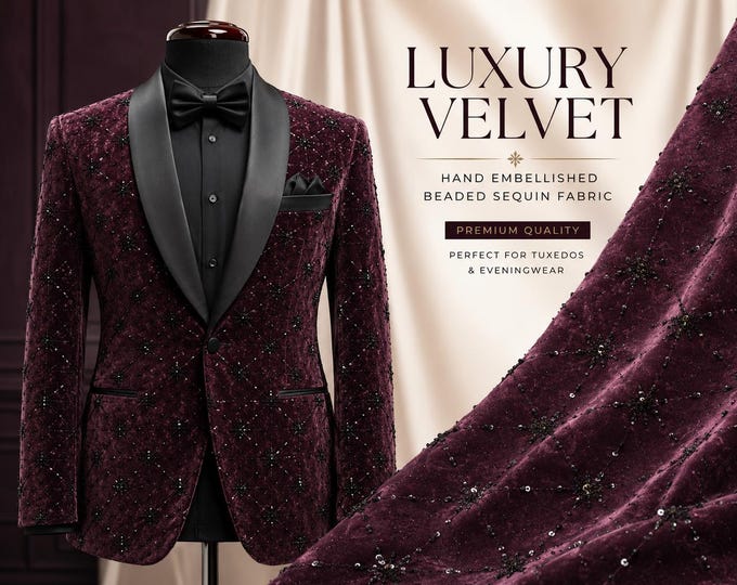 Plum Velvet Tuxedo Jacket | Hand Embellished Beaded Sequin Fabric, Custom Tailored Eveningwear