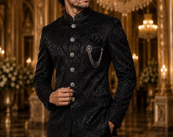 Black Bandhgala Tuxedo, Mandarin Collar, Made To Measure Wedding Suit