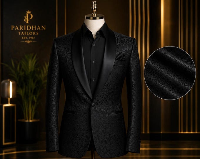 Black Jacquard Tuxedo Jacket | Satin Shawl Lapel, Custom Wedding Suit