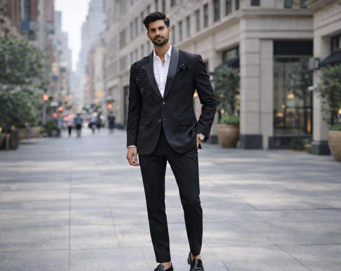 Black Floral Embroidered Handmade Blazer for Men – Indo Western Prom, Wedding Tuxedo Jacket