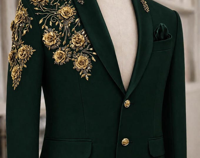 Emerald Green Embroidered Tuxedo Jacket | Gold Floral Groom Blazer, Custom Tailored Prom Dinner Jacket
