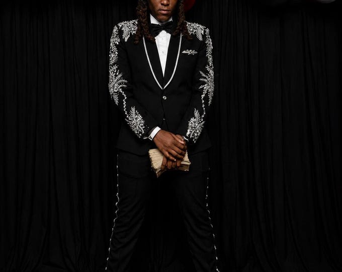 Black Rhinestone Suit for Men, Crystal Embellished Tuxedo, Luxury Menswear, Prom Wedding