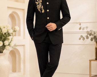 Black Gold Embroidered Bandhgala Jodhpuri Suit, Groom Jacket Men, Royal Indian Wedding Wear