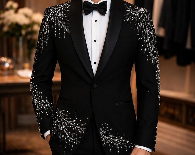 Black Tuxedo with Crystal Beaded Celestial Embroidery | Luxury Wedding Suit for Men