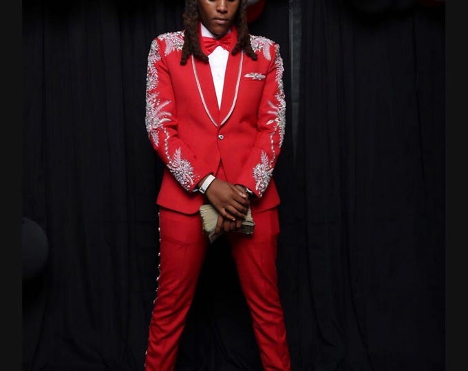 Men's Red Crystal Embellished Blazer, Regal Statement Jacket, Custom Tailored Tuxedo
