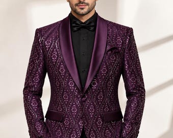 Purple Sequin Tuxedo | Embroidered, Satin Shawl Lapel