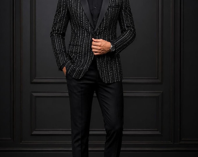 Black Sequin Tuxedo Jacket in Shawl Lapel, Custom Prom Blazer, Wedding Groom Suit