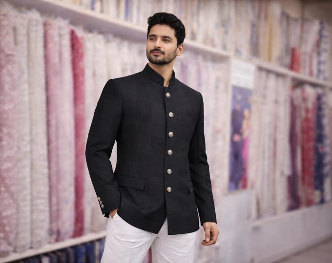 Black Bandhgala Jacket for Men | Indo Western Wedding Groom Reception Wear