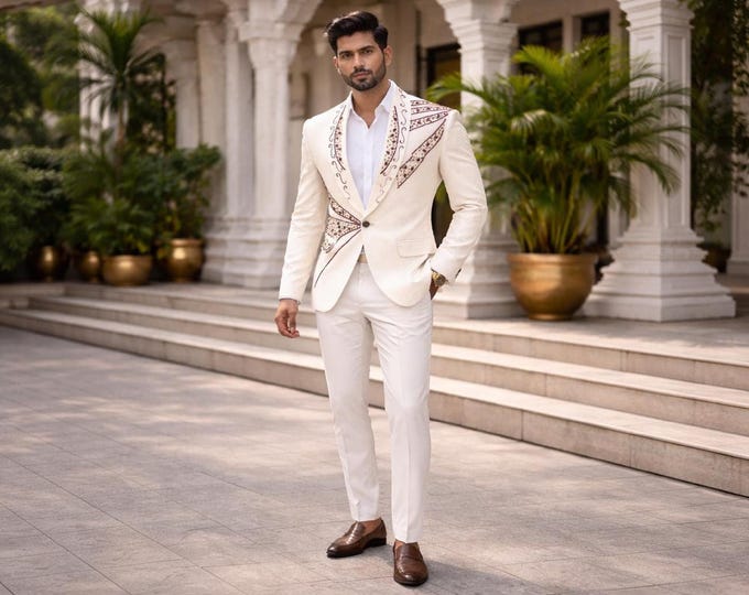Embroidered Ivory Groom Blazer Set – Luxury Indian Wedding Outfit