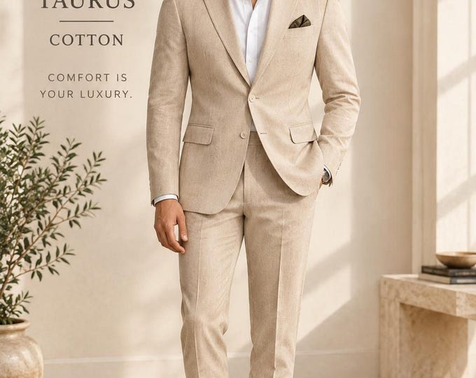 Custom Taurus Cotton Suit Men, Bespoke Wedding Groomsmen Formal Wear