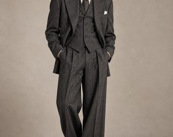 Custom Charcoal Three Piece Suit, 70s 80s Power Suit, Wide Leg Trousers, Peak Lapel