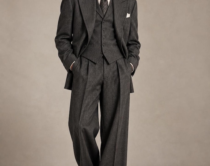Custom Charcoal Three Piece Suit, 70s 80s Power Suit, Wide Leg Trousers, Peak Lapel