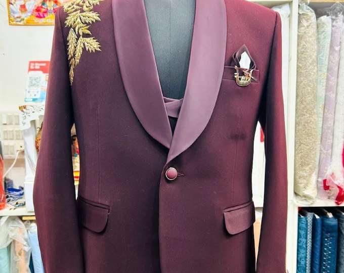 Wine Embroidered Groom Zardozi Handwork Tuxedo, Satin Shawl Lapel, Double Breasted Vest