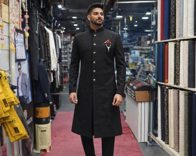 Black All Over Embroidered Sherwani for Men | Custom Made Groom Wear Paridhan Tailors